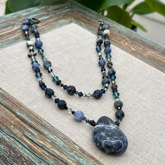 Sodalite Stone Pendant Crystal Beaded Double Strand Sterling Silver Necklace 11" - Picture 13 of 13